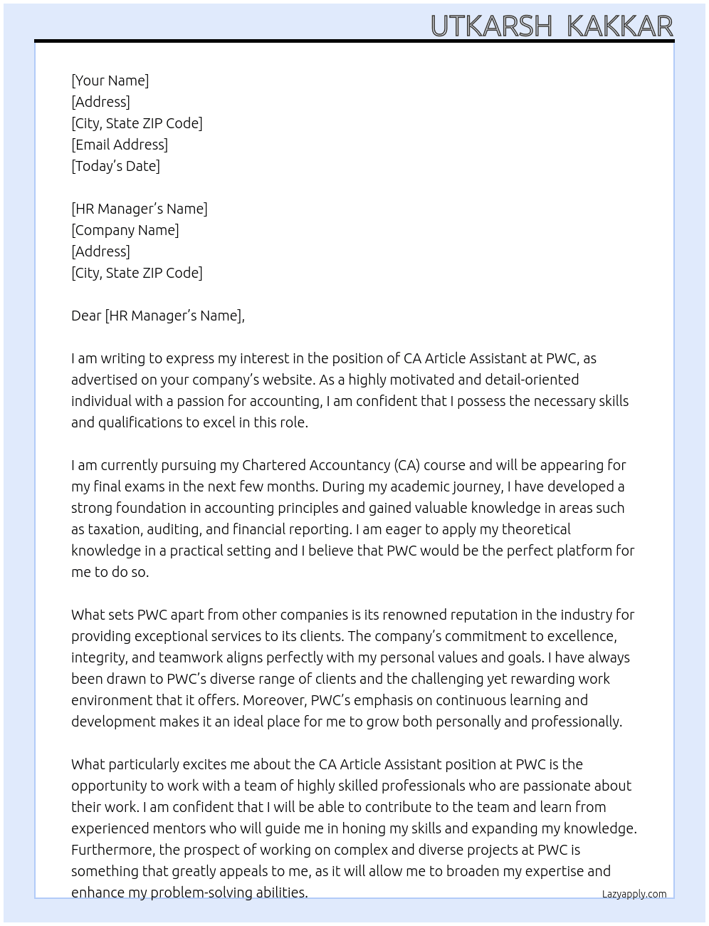 CA ARTICLE Assistant At PWC Cover Letter