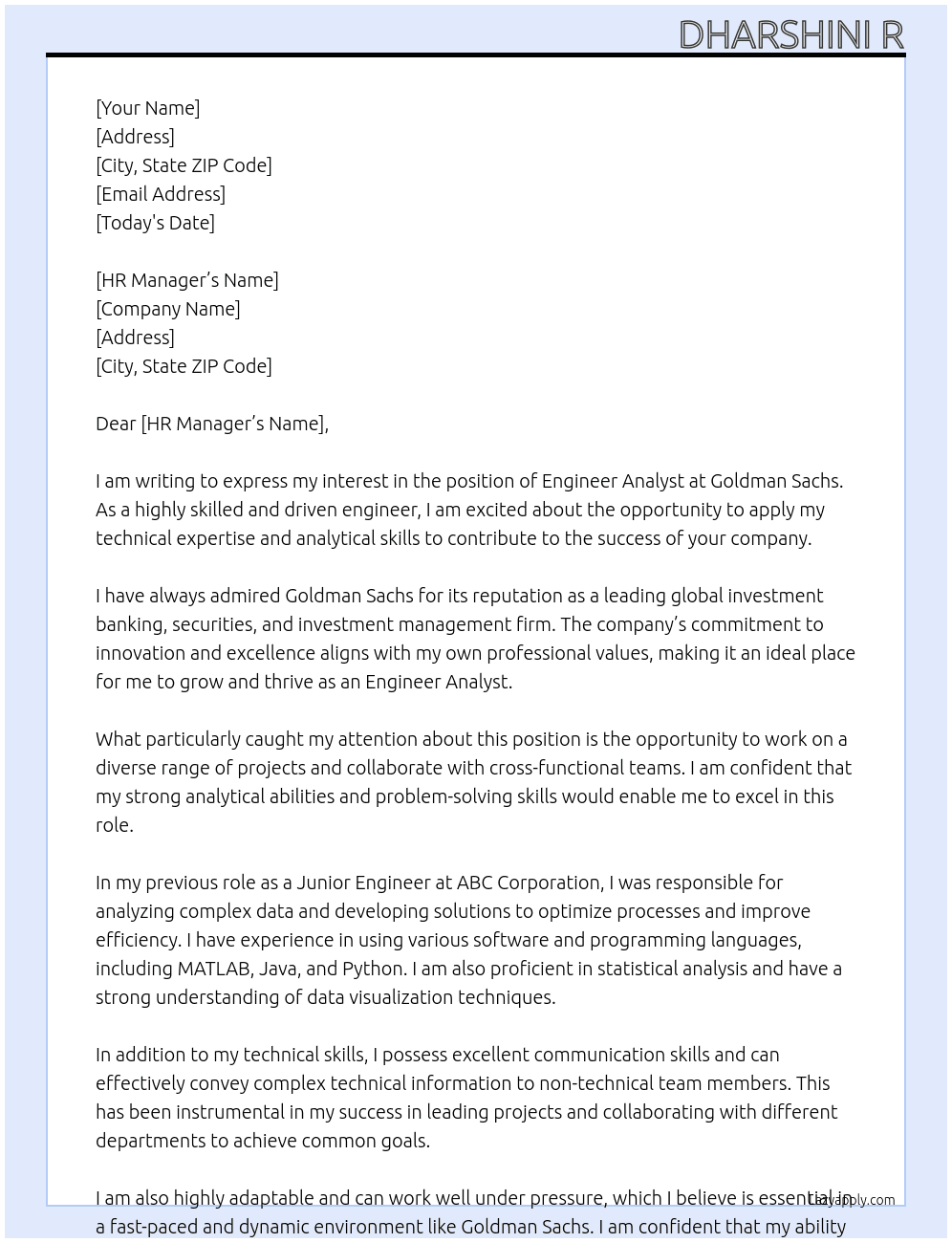 engineer analyst At goldman sach Cover Letter
