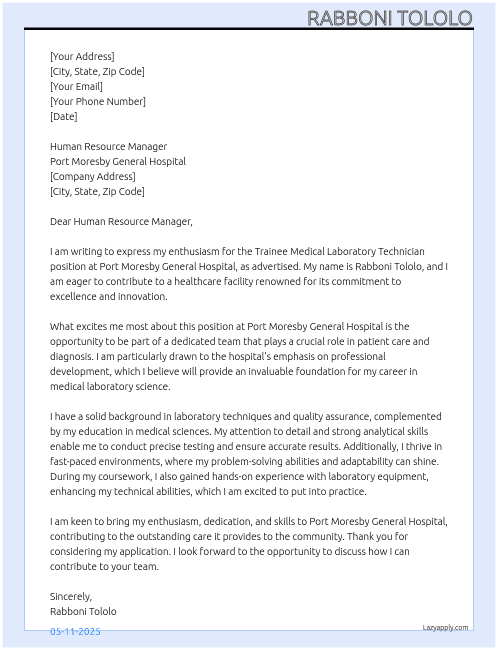 Trainee Medical Laboratory Technician At Port Moresby General Hospital Cover Letter
