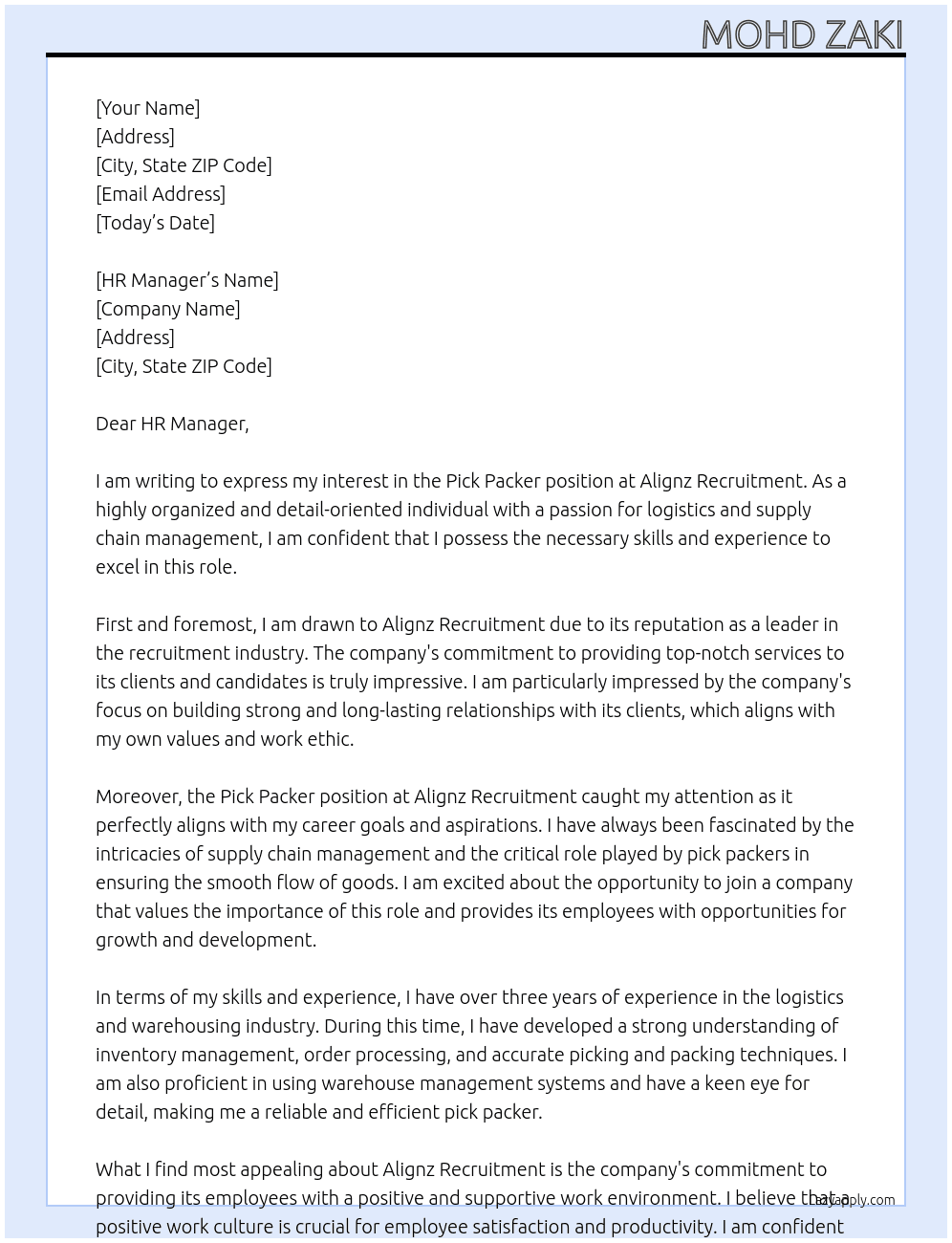 Pick Packer At Alignz Recruitment  Cover Letter