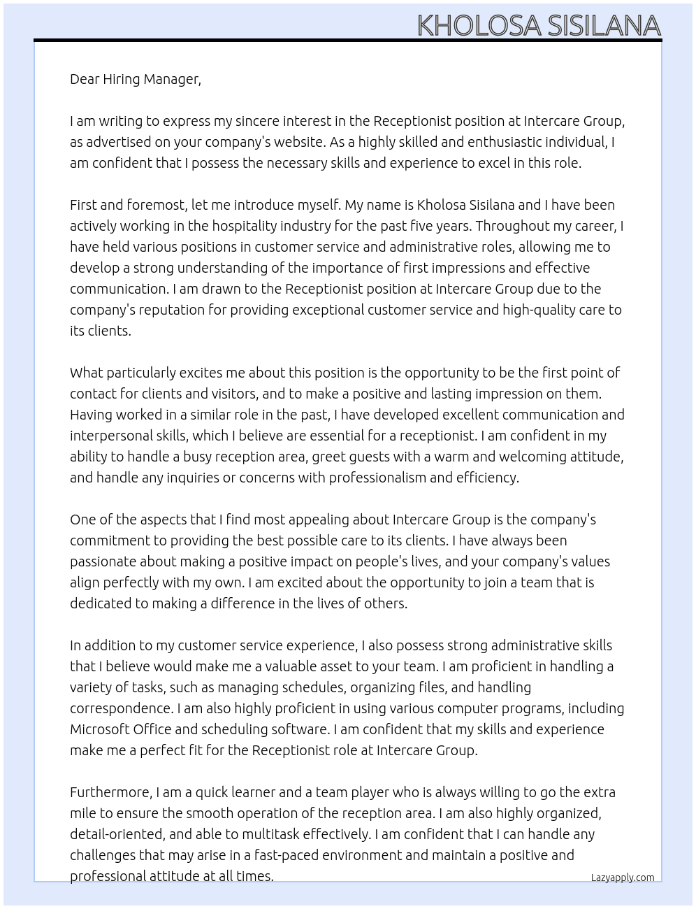 Receptionis At intercare group Cover Letter
