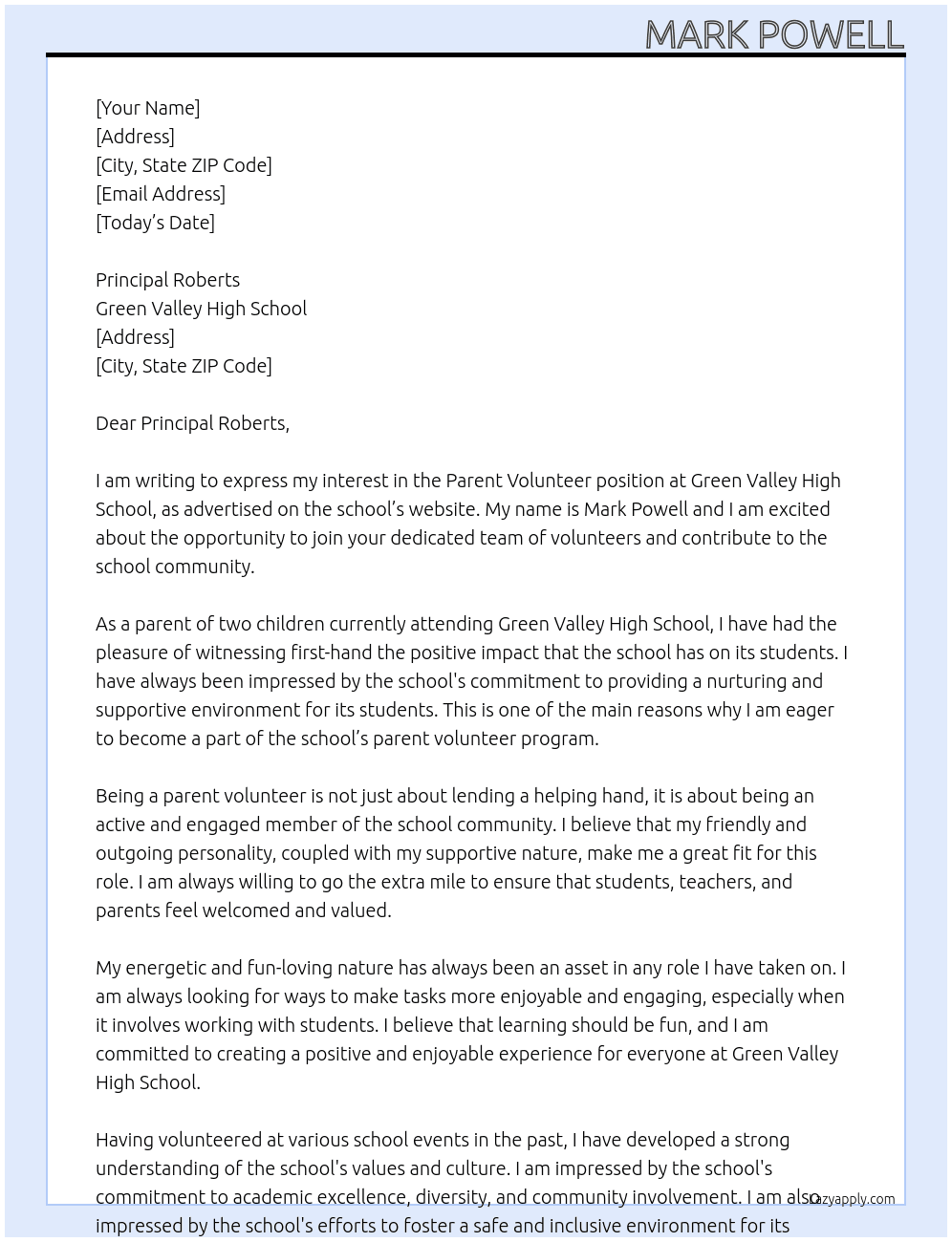 Parent Volunteer At Green Valley High School Cover Letter