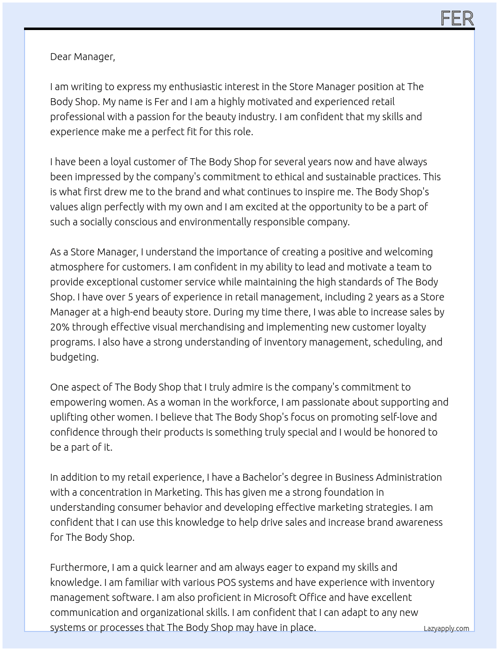 Store manager At The body shop Cover Letter