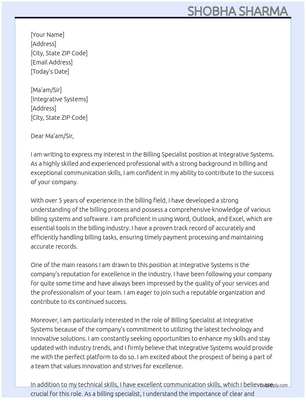Billing specialist  At Integrative systems  Cover Letter