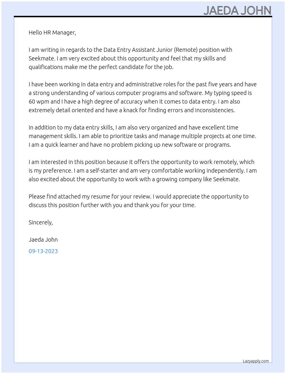 Data Entry Assistant Junior (Remote) At Seekmate Cover Letter