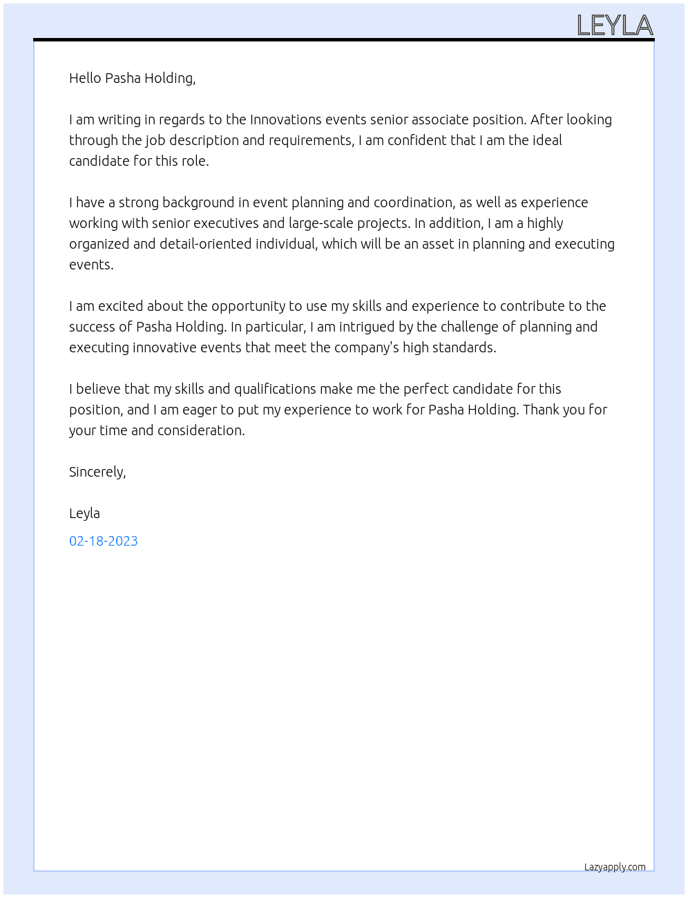 Innovations events senior associate At Pasha holding Cover Letter