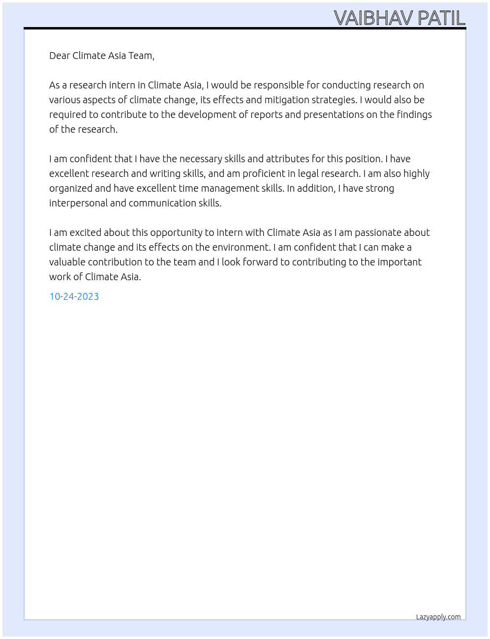 Research Intern in Climate Asia At Climate Asia  Cover Letter