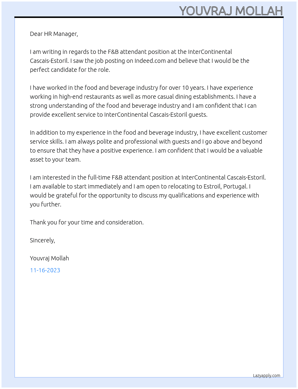 F&B attendant At  InterContinental Cascais-Estoril Cover Letter