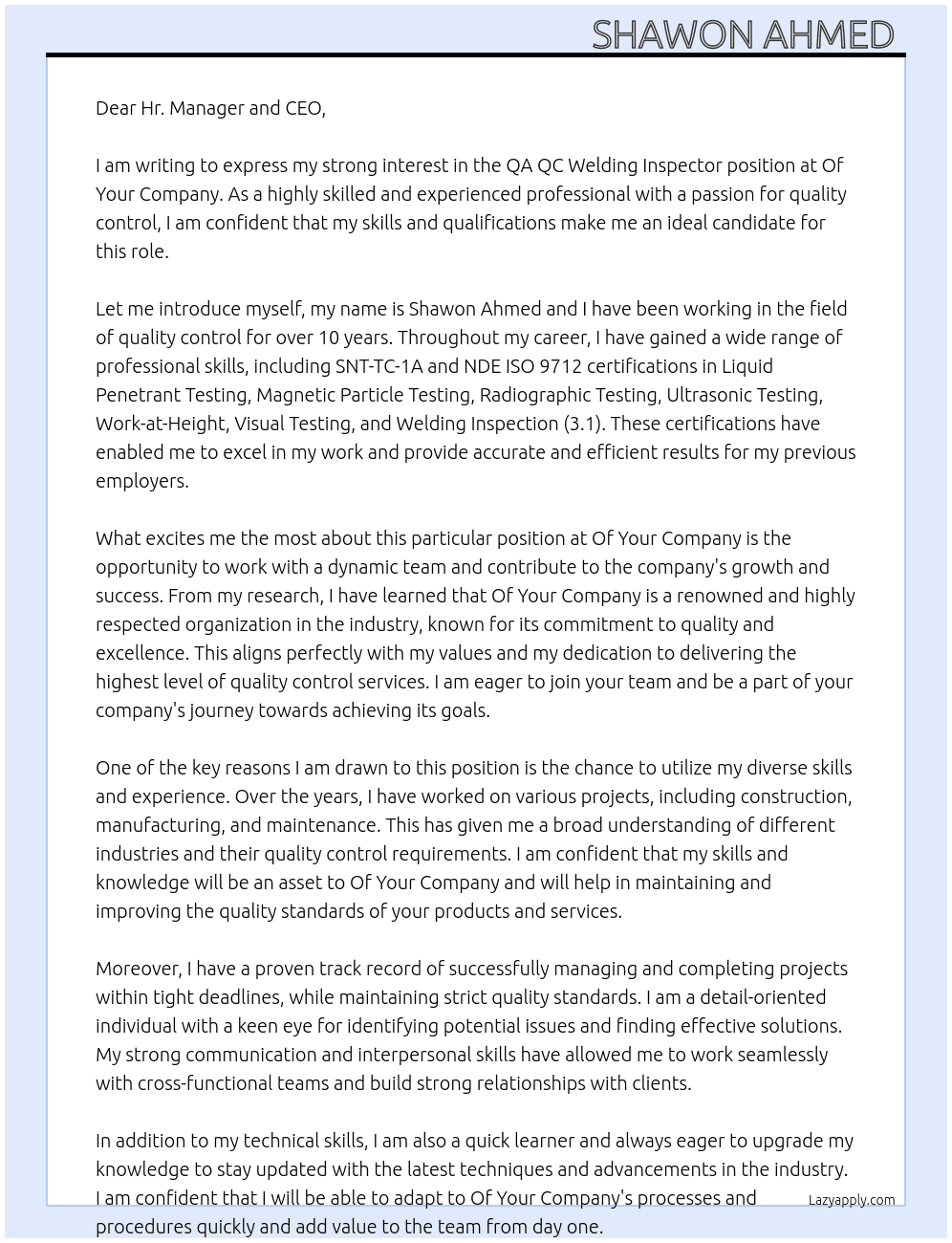 QA QC WELDING INSPECTOR  At Of Your Company  Cover Letter