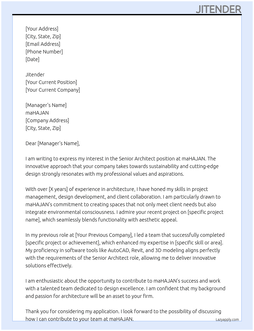Cover letter for sr architect - LazyApply