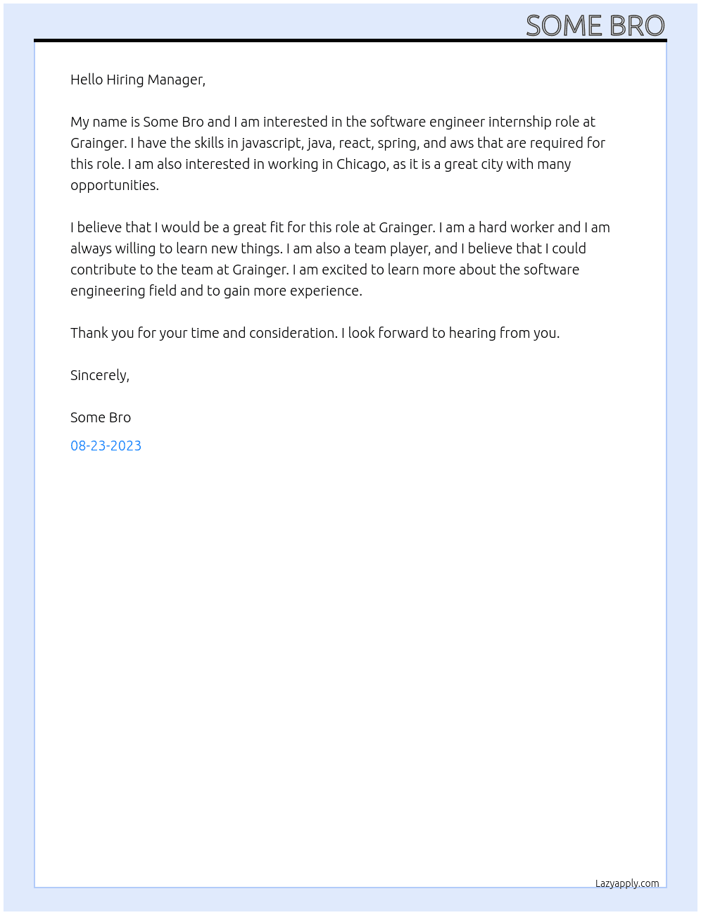 Software Engineer At Grainger Cover Letter