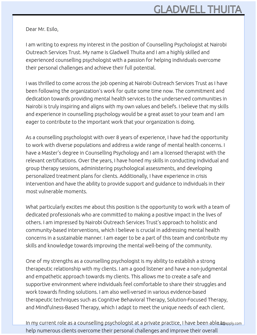 counselling psychologist At Nairobi outreach services trust  Cover Letter