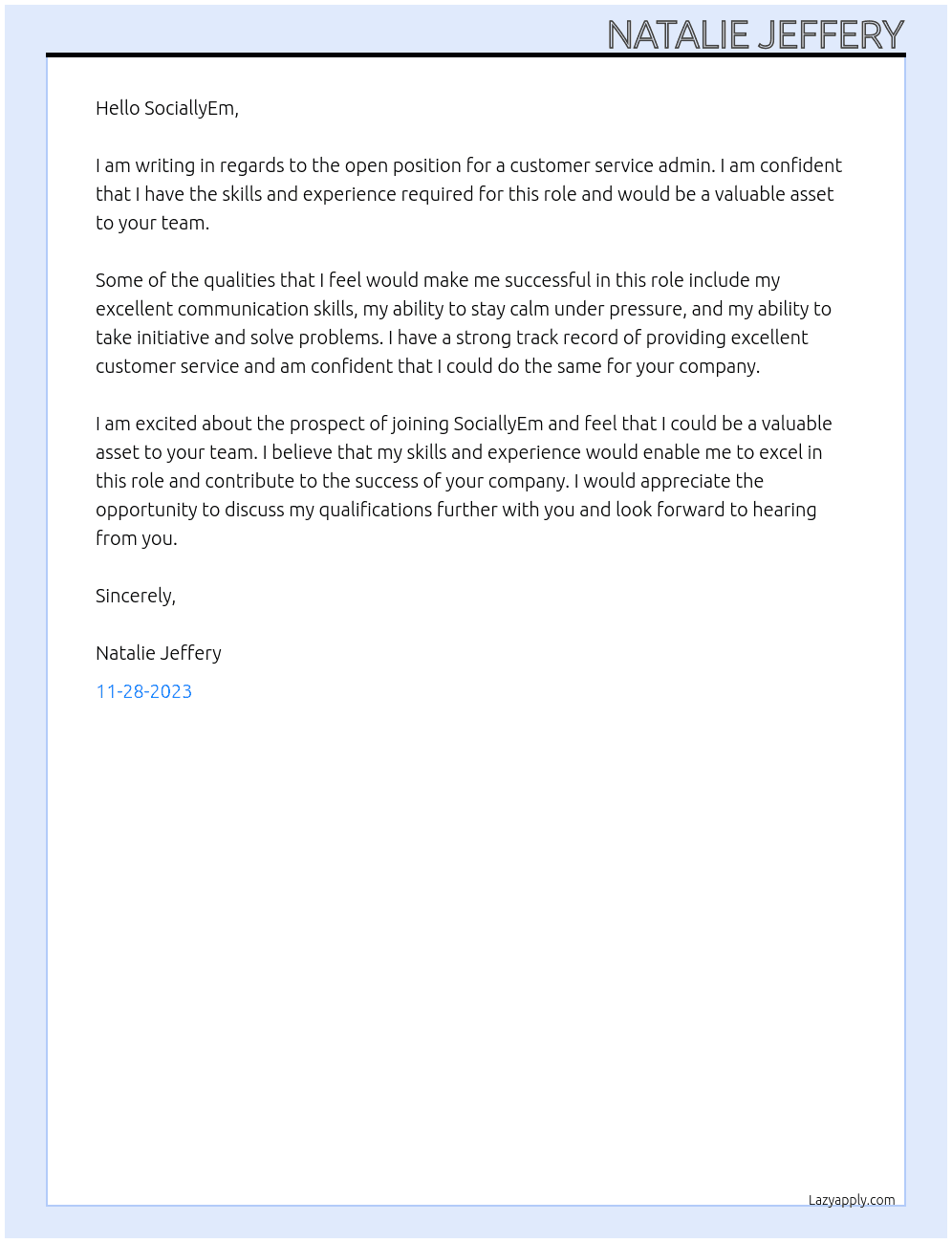 Customer service admin  At SociallyEm Cover Letter