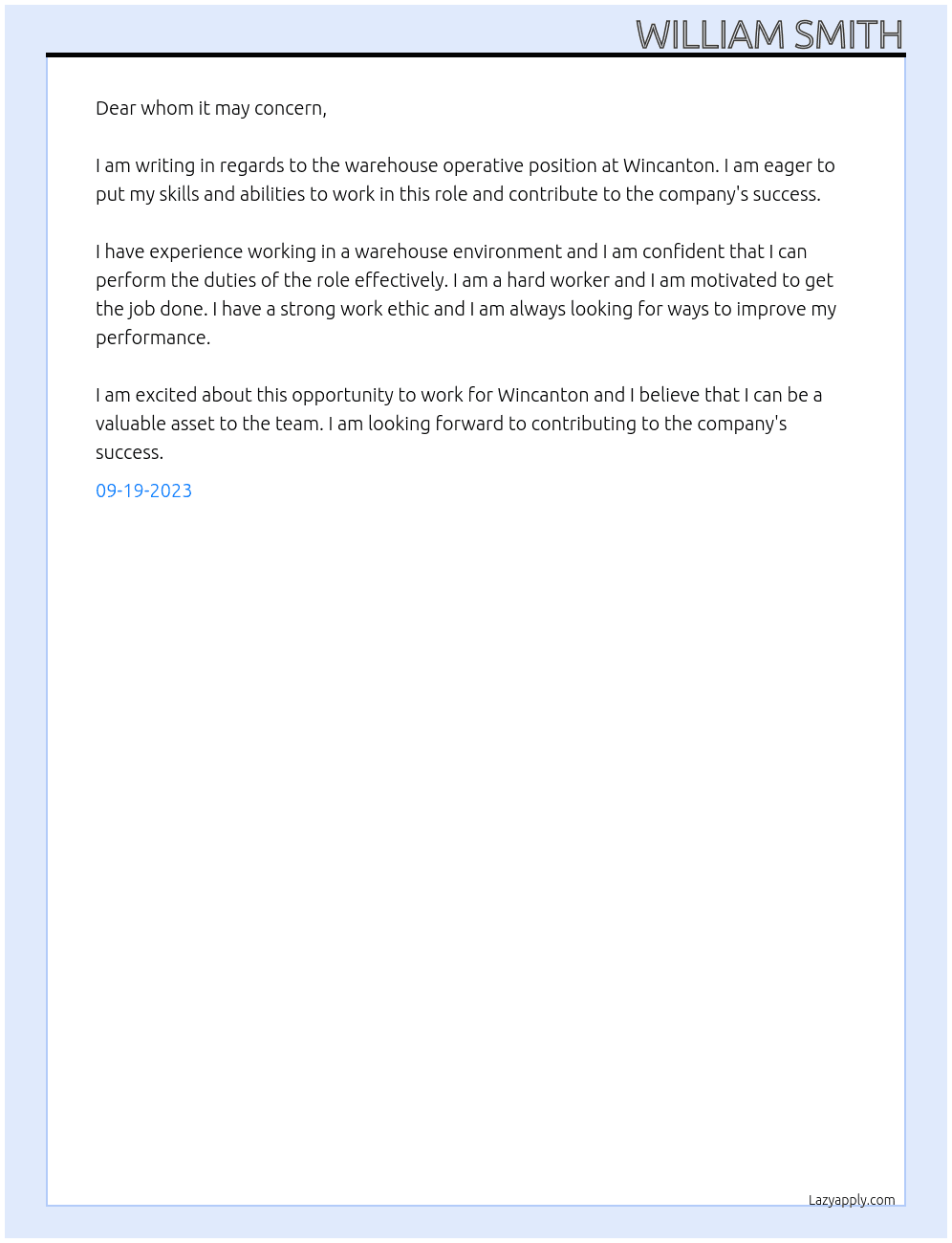 Warehouse operative At Wincanton Cover Letter