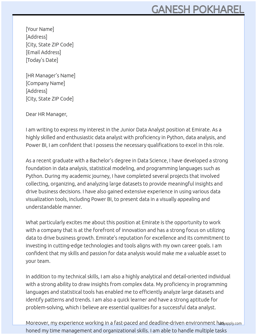Junior Data Analyst At Emirate Cover Letter