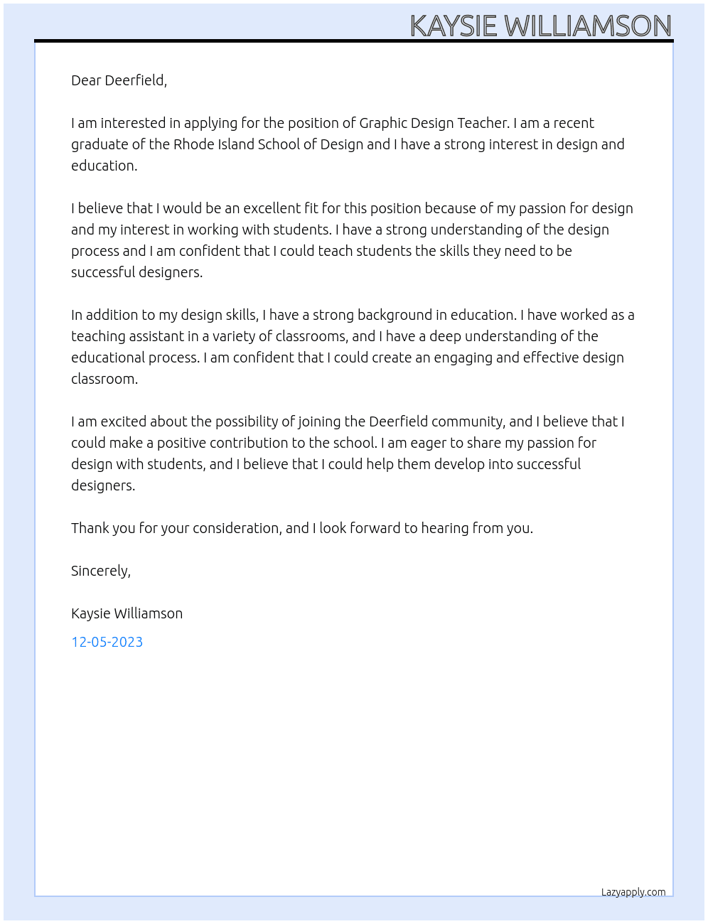 Graphic Design Teacher At Deerfield  Cover Letter