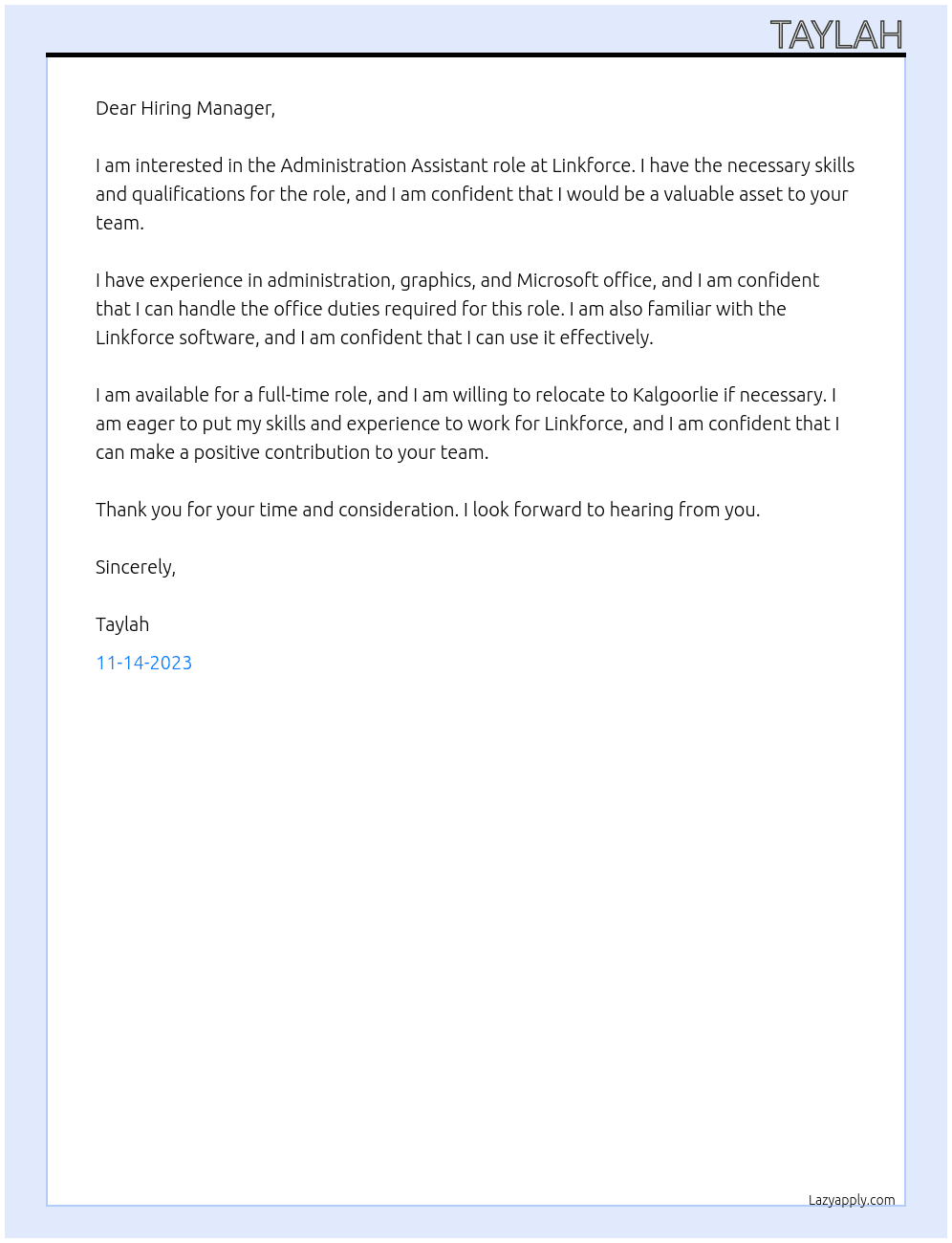 Administration Assistant At Linkforce Cover Letter