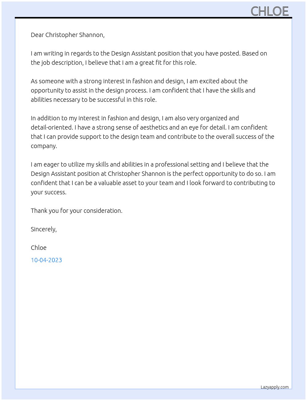 Design Assistant  At Christopher Shannon  Cover Letter