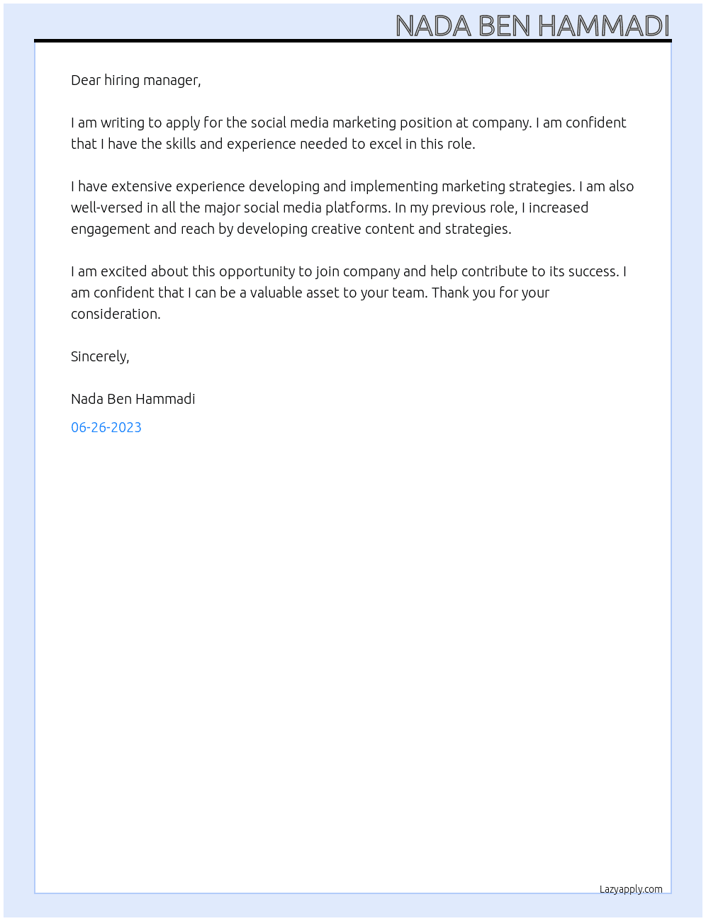 Social media marketing At company Cover Letter