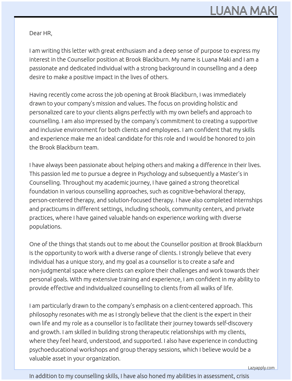 Counsellor At Brook Blackburn Cover Letter