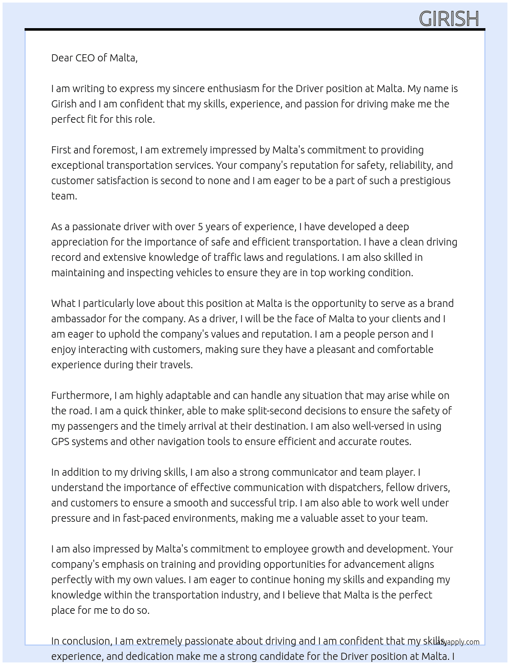 Driver  At Malta  Cover Letter