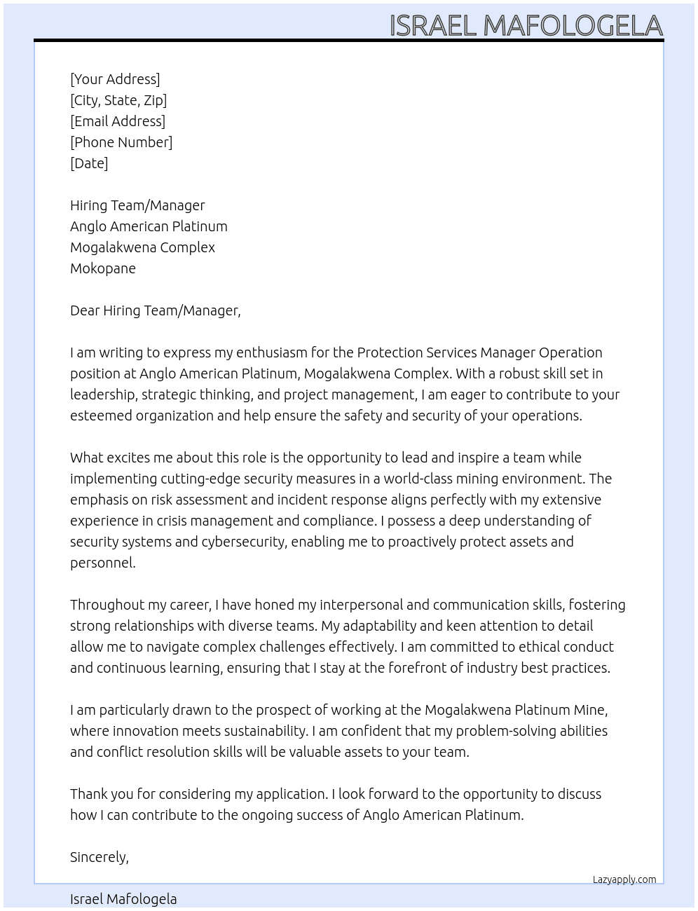 Cover letter for protection services manager operation - LazyApply