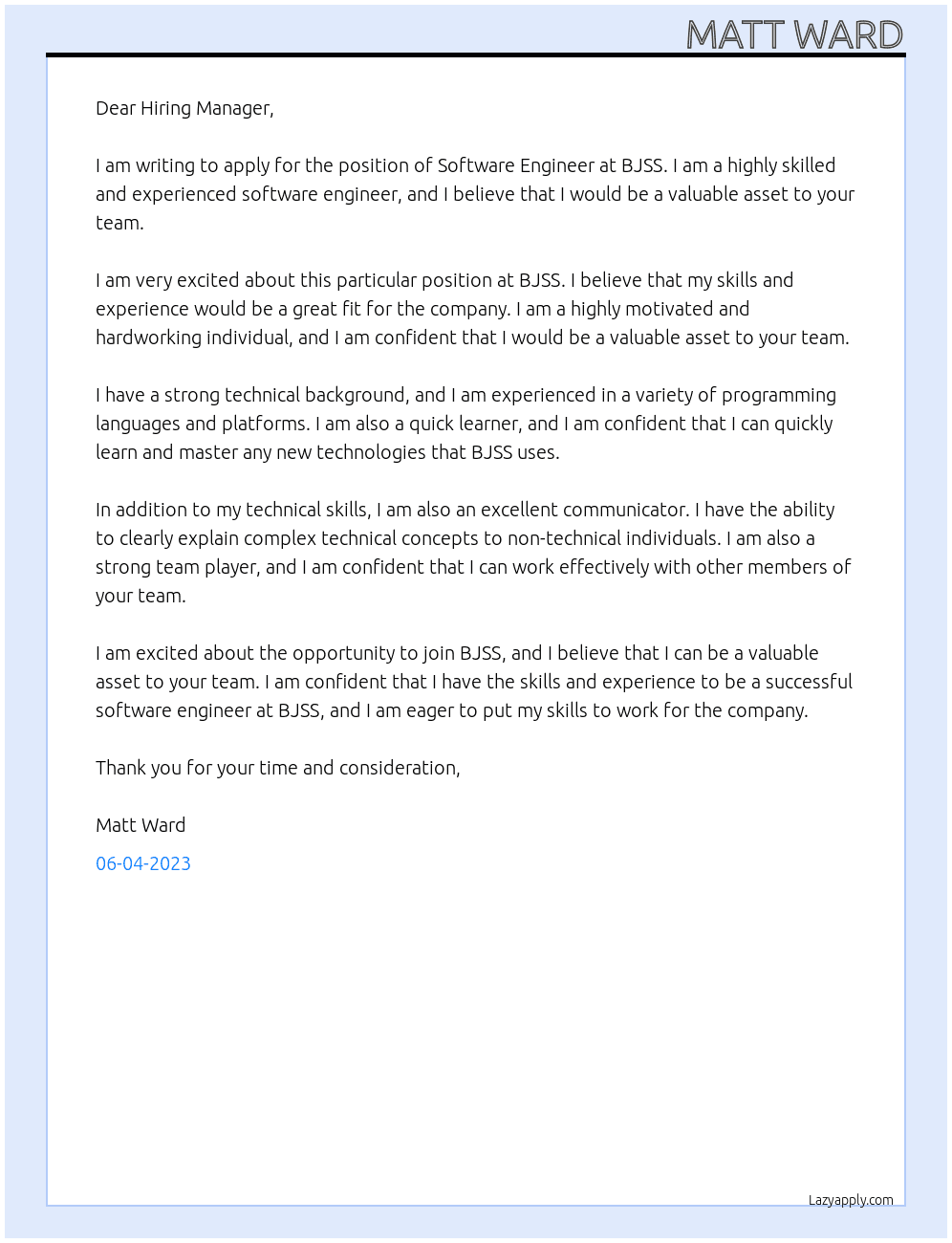 Software Engineer At BJSS Cover Letter