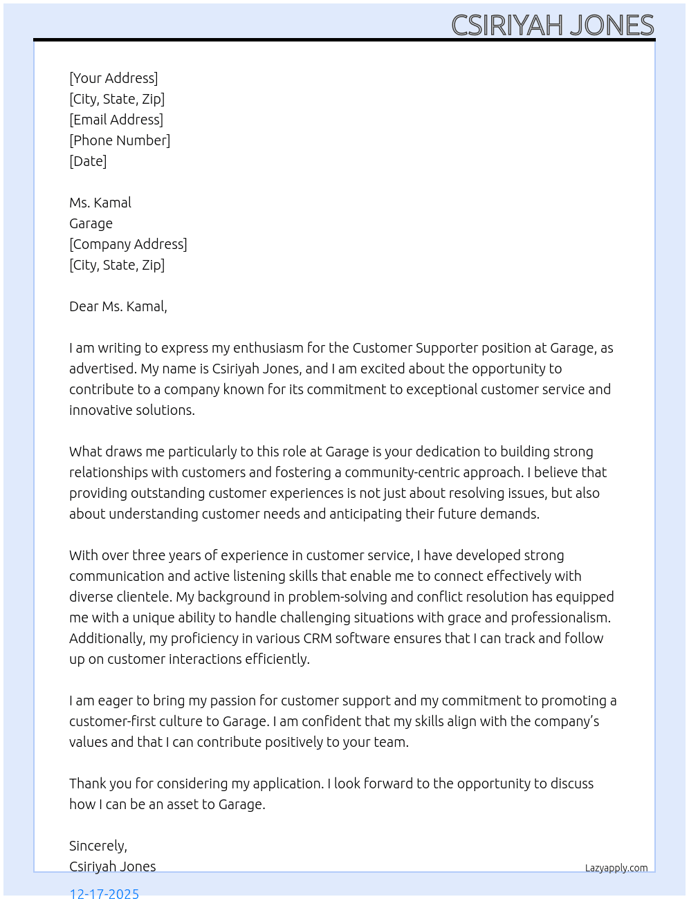Customer Supporter At Garage Cover Letter