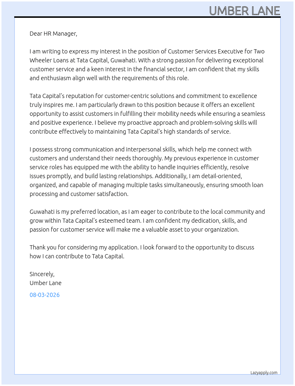 Cover letter for customer services executive-two wheeler loans - LazyApply