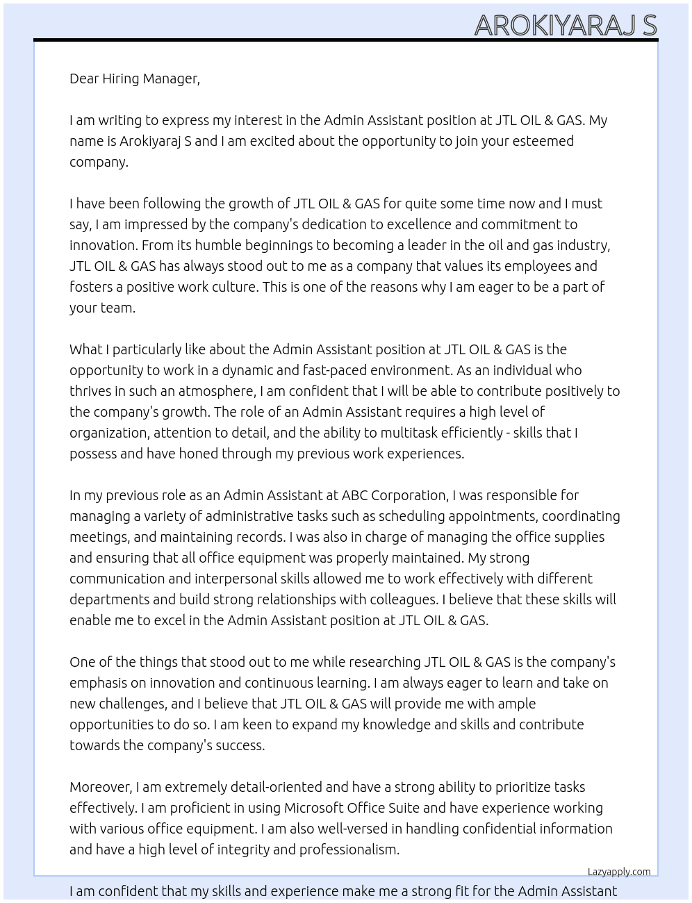 Admin Assistant  At JTL OIL & GAS  Cover Letter