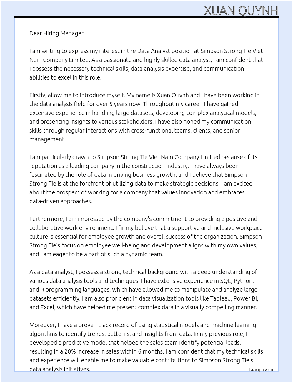 Data Analyst At Simpson Strong Tie Viet Nam Company Limited Cover Letter