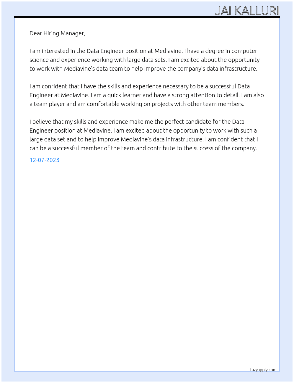 Data Engineer At Mediavine Cover Letter