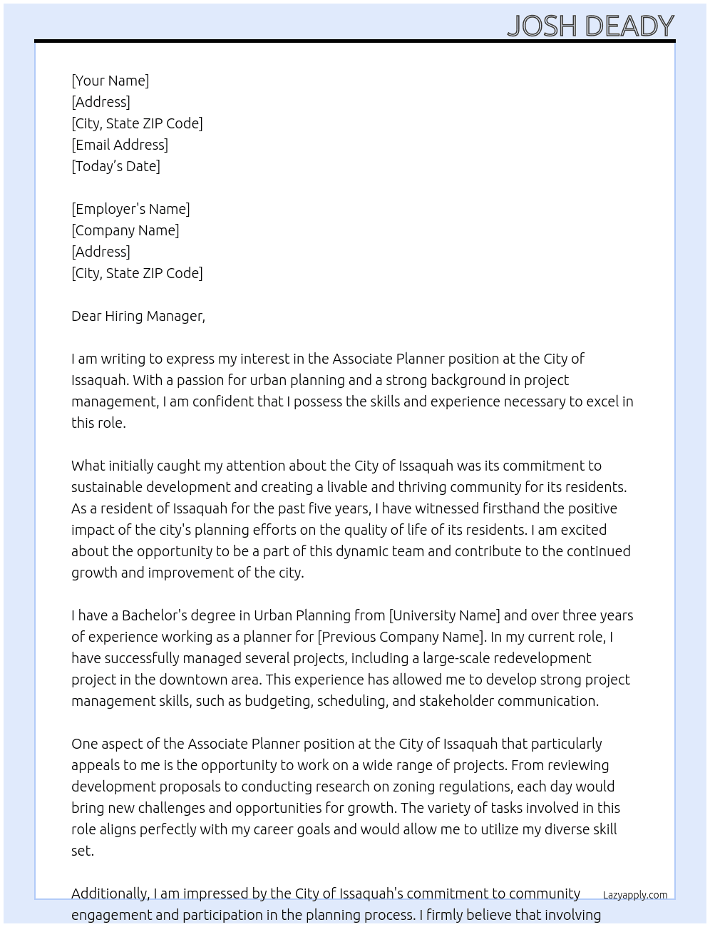 associate planner At city of issaquah Cover Letter