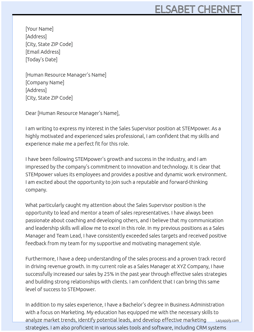 Sales Supervisor At STEMpower Cover Letter