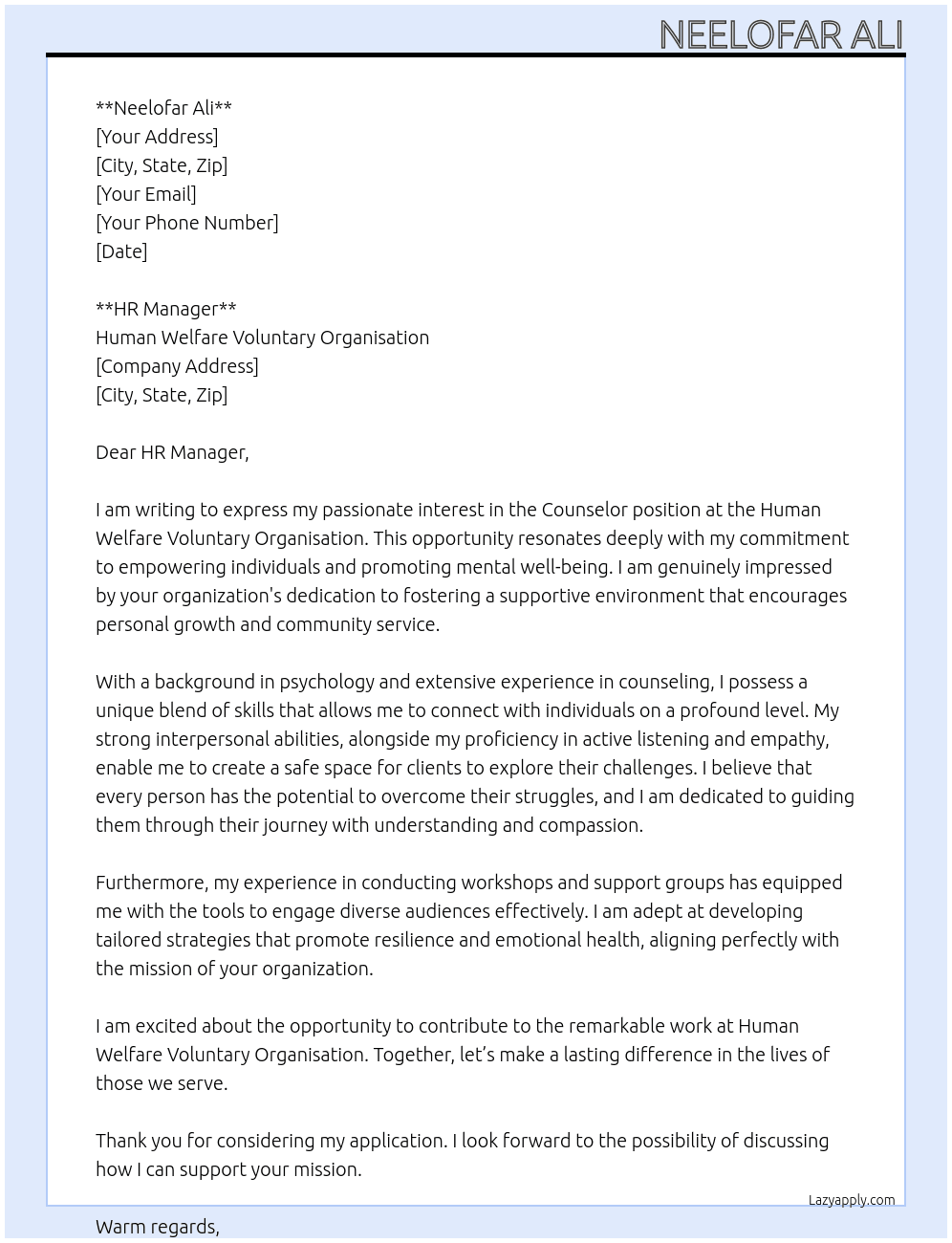 Counselor At Human Welfare Voluntary Organisation Cover Letter
