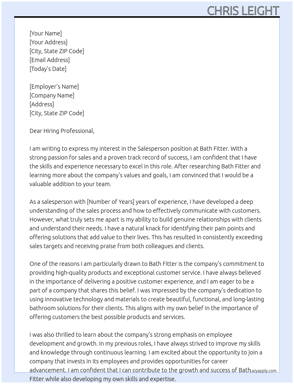 salesperson At Bath Fitter Cover Letter