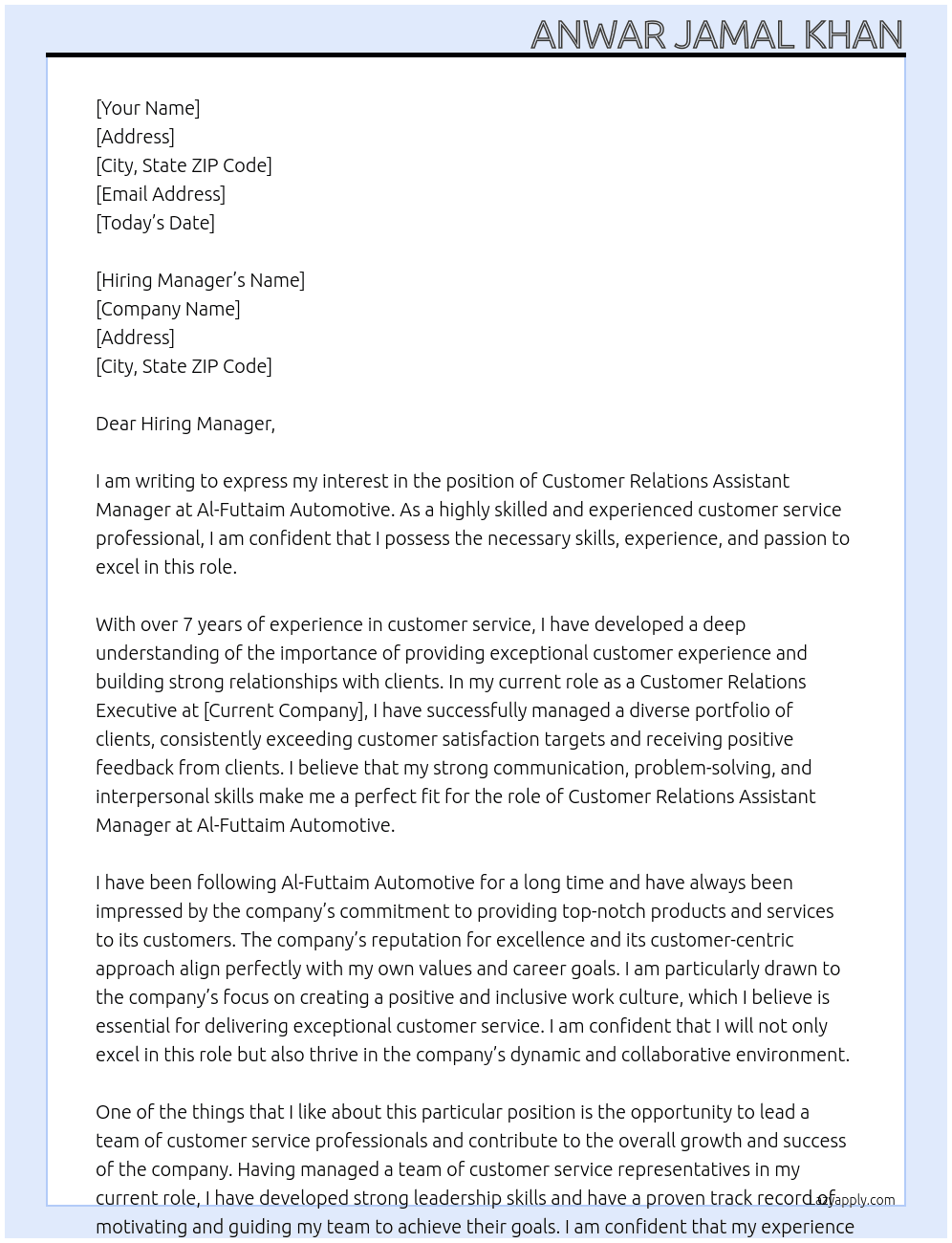 Customer relations assistant manager At Ex. Company Al Futtain Automotive Cover Letter