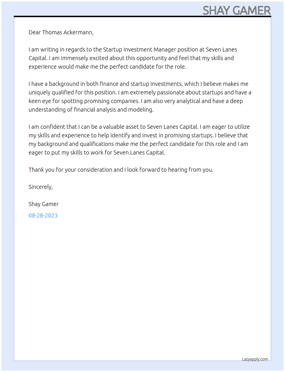 Startup Investment Manager At Seven Lanes Capital Cover Letter