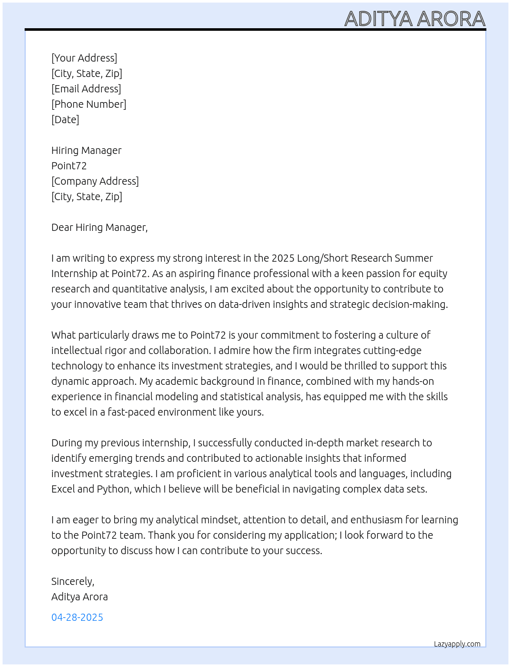 Cover letter for 2025 long/short research summer internship - LazyApply