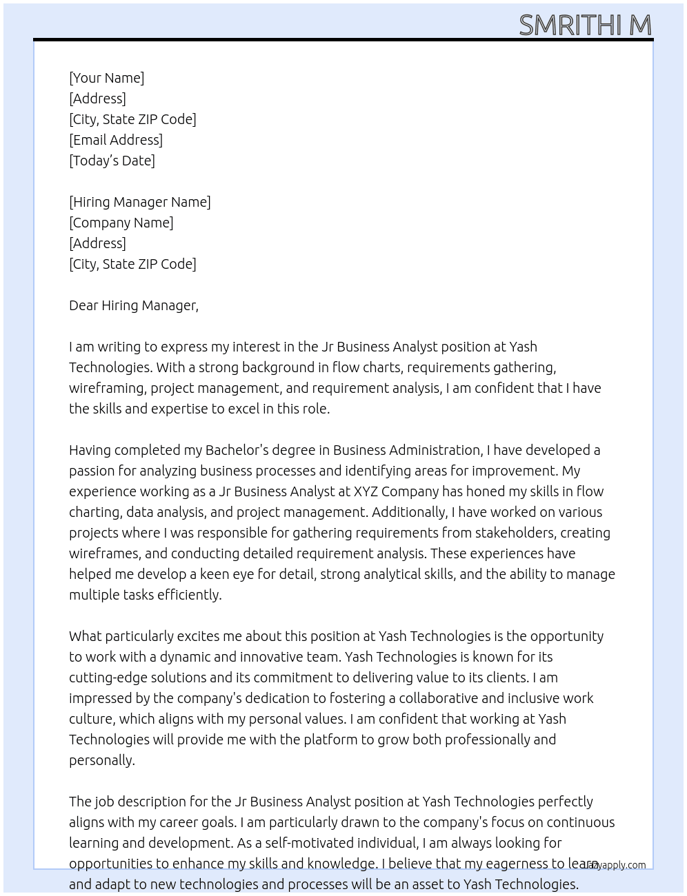 jr Business Analyst At yash technologies Cover Letter