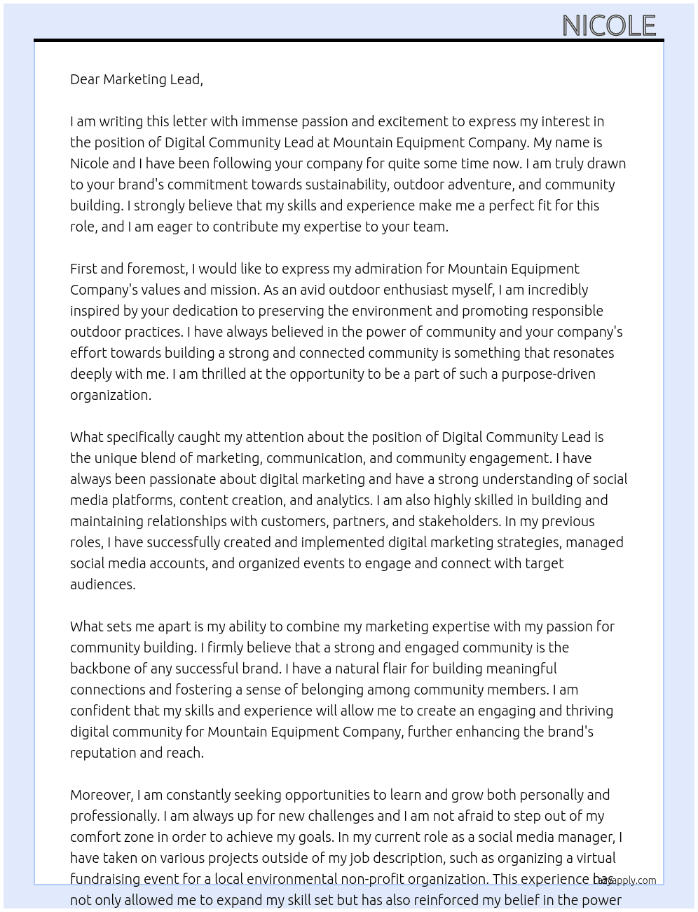 Digital Community Lead At Mountain Equipment Company  Cover Letter
