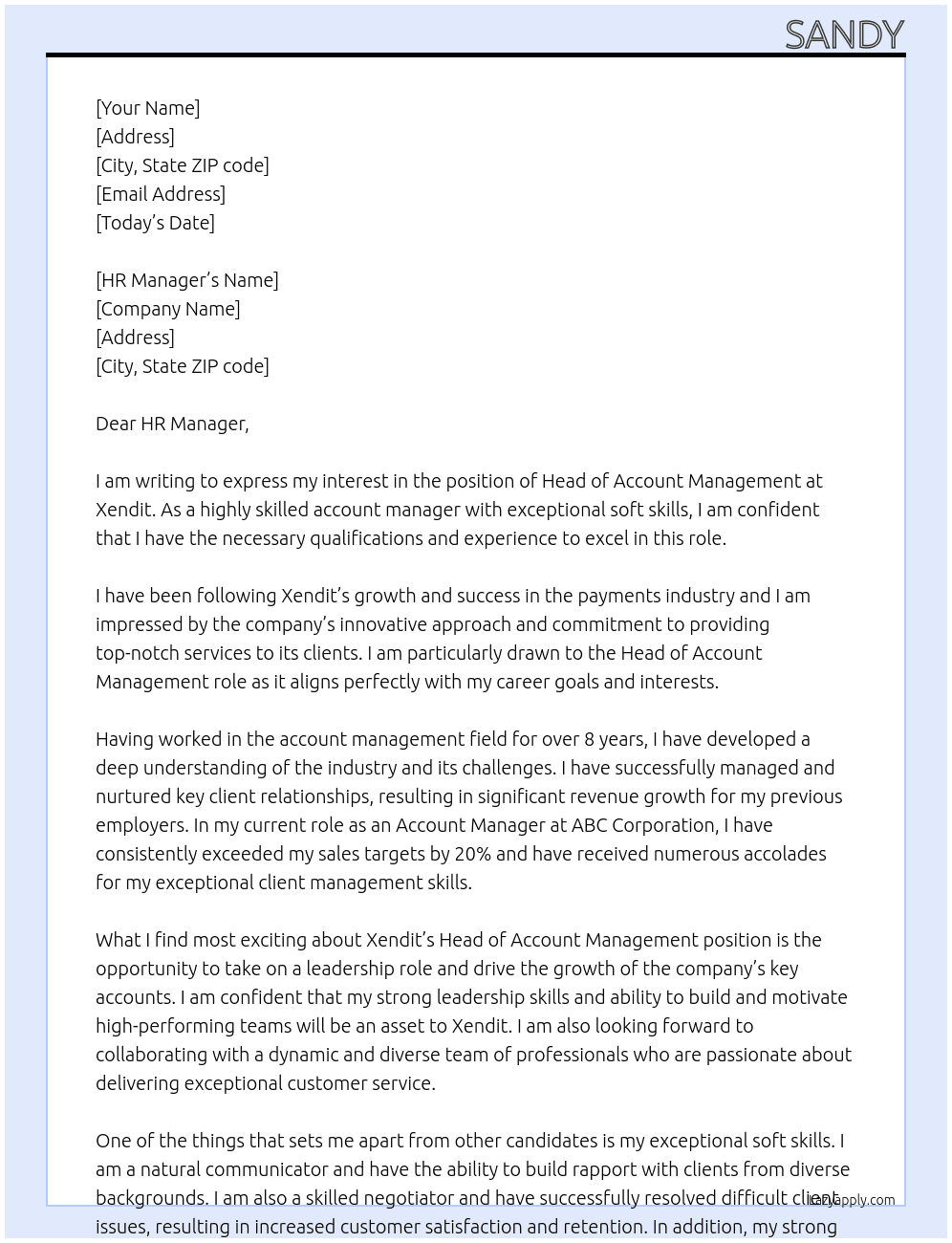 Head of Account Management At Xendit Cover Letter