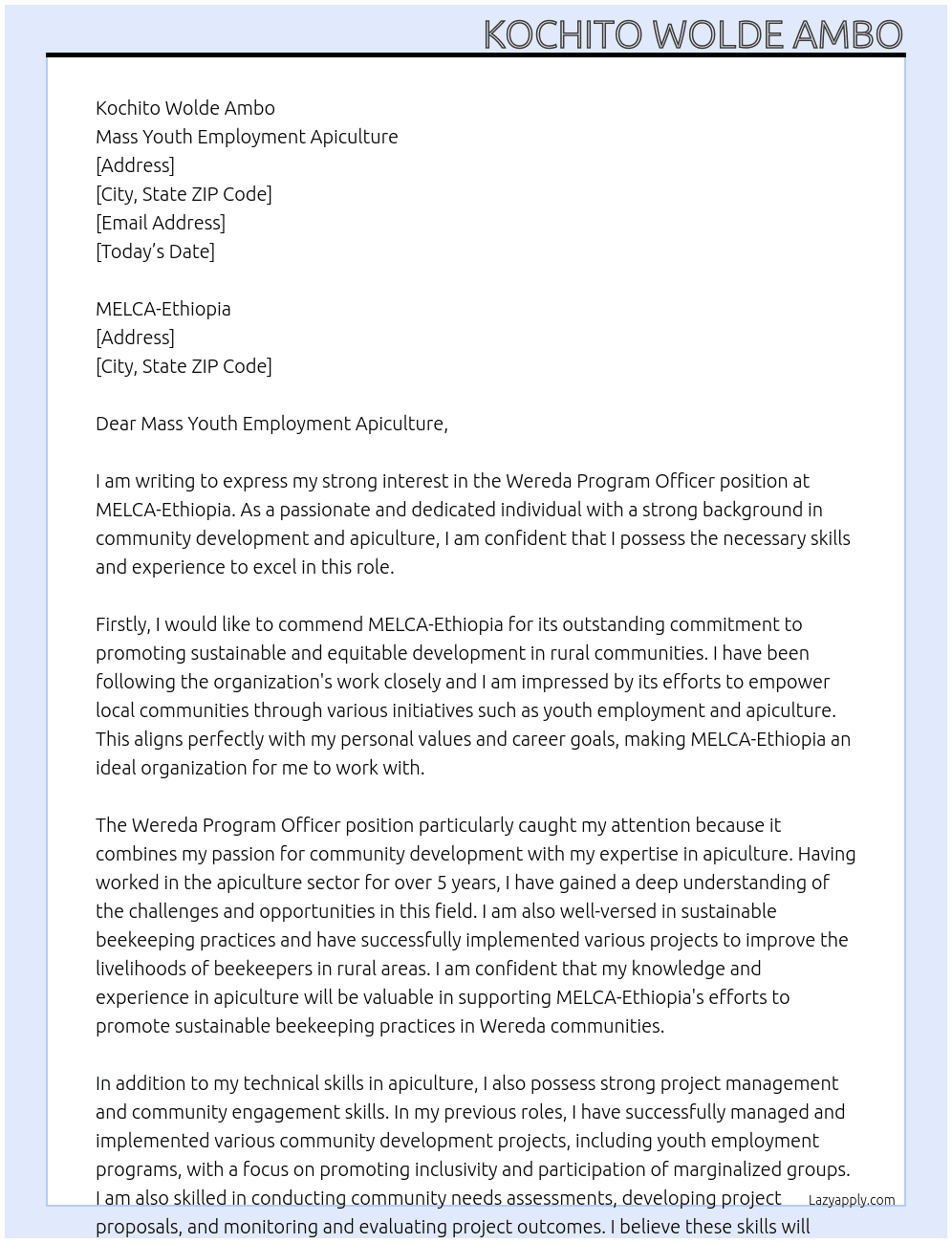 Wereda program officer At MELCA-Ethiopia Cover Letter