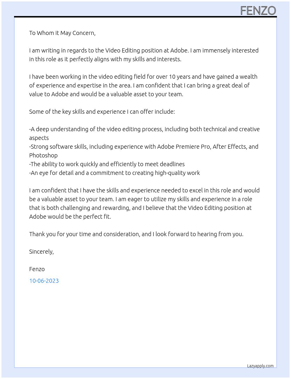 Video Editing At ADOBE Cover Letter