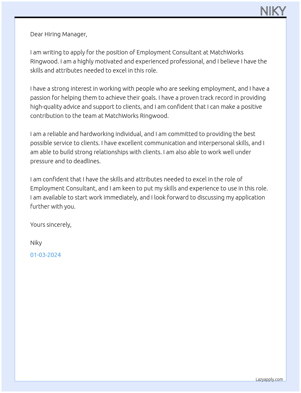 Employment Consultant At MatchWorks Ringwood Cover Letter