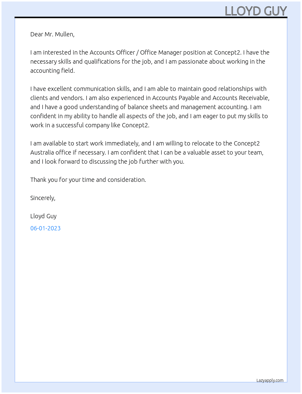 Accounts Officer / Office Manager At Concept2 Cover Letter