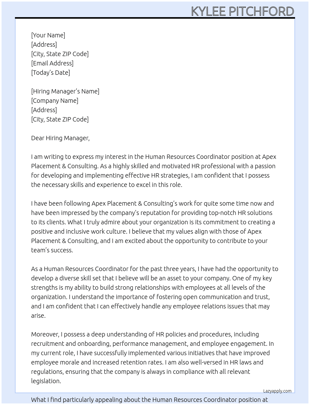 Human Resources Coordinator  At Apex Placement & Consulting Cover Letter