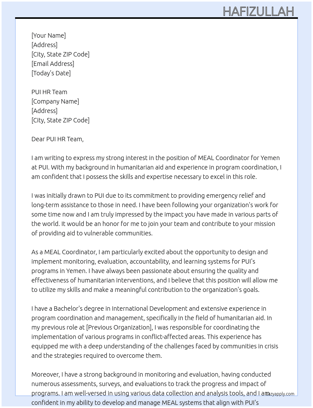 MEAL Coordinator (Yemen) At PUI Cover Letter