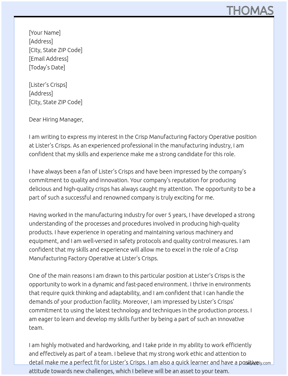Crisp Manufacturing Factory Operative At Lister's Crisps Cover Letter