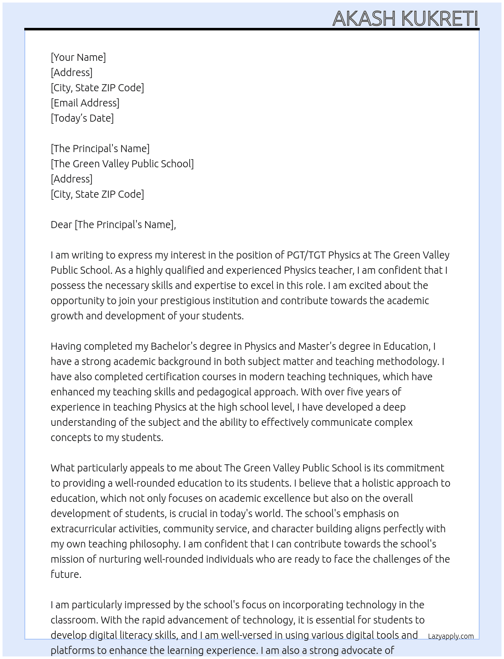 Cover letter for pgt/tgt physics - LazyApply